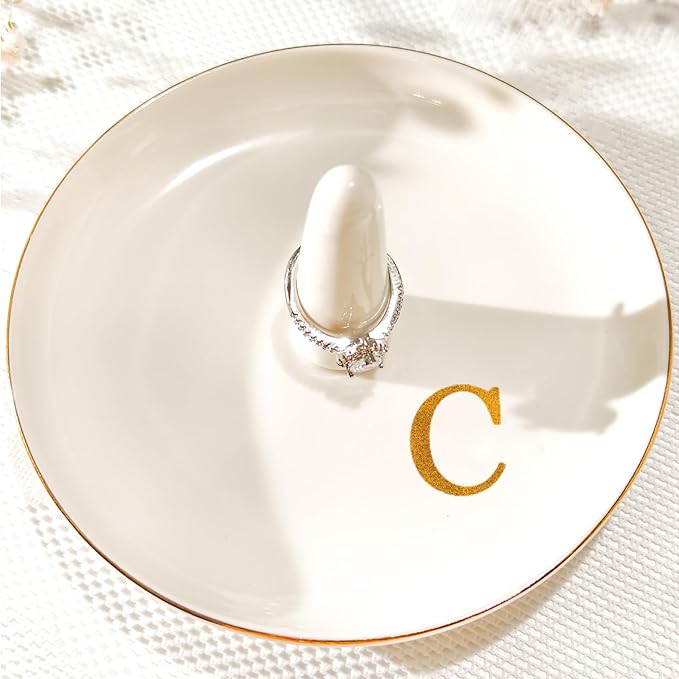 Ceramic Initials Jewelry Tray Ring Dish With Personalized C-Monogrammed Engagement Wedding Gifts, for Birthday Mother's Day for Women, Ceramic White 4.7" x2.4"