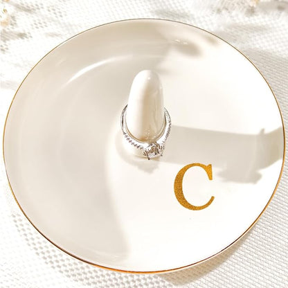 Ceramic Initials Jewelry Tray Ring Dish With Personalized C-Monogrammed Engagement Wedding Gifts, for Birthday Mother's Day for Women, Ceramic White 4.7" x2.4"