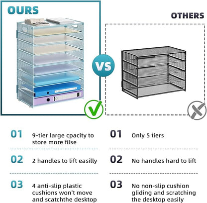 Marbrasse Paper Organizer Letter Tray, 9 Tier Mesh File Organizer with Handle, Paper Sorter Desk Organizer for Home Office Supplies - Blue