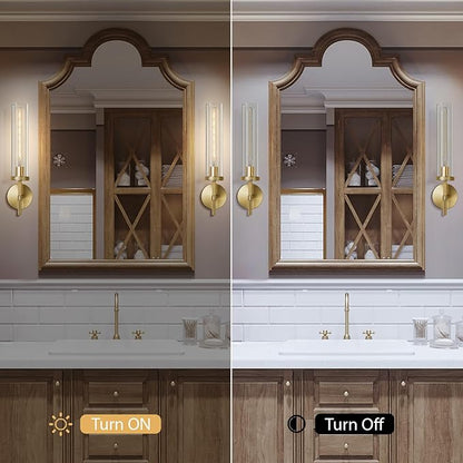 Gold Wall Sconces Set of Two, 19.48" Knurled Gold Wall Lighting with Glass Tube, Modern Brass Sconces Wall Lamp for Bedroom Living Room Bathroom Hallway Staircase & Vanity Mirror(Including Bulb)