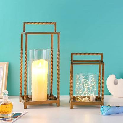 16" Modern Metal Lantern with Twisted Rope-Style Frame in Antique Brass with Glass Hurricane for Pillars, String Light. Centerpiece, Mantel, Ambient Lighting, Farmhouse, Transitional, Patio, Entryway