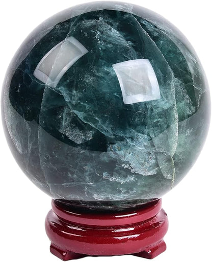 JIC Gem Big Green Fluorite Crystal Ball Sphere Decorative Ball with Wooden Stand for Meditation、Fengshui、Home Decors Healing Crystal Ball (90-100mm)