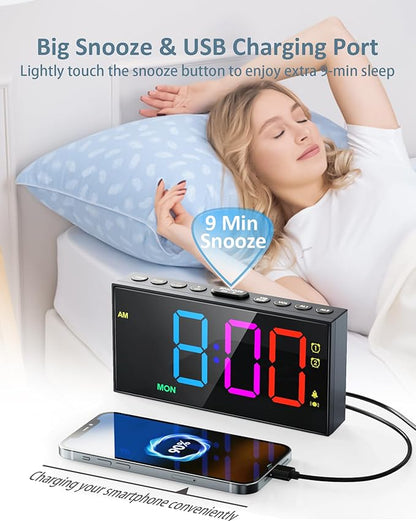Loud Alarm Clock for Heavy Sleepers,RGB Vibrating Alarm Clock with Bed Shaker,3-level Vibrator,Dual Alarms,Weekday/Weekend,Dimmer,Volume,USB Phone Charger,Snooze,Plug in Clock with Memory Function