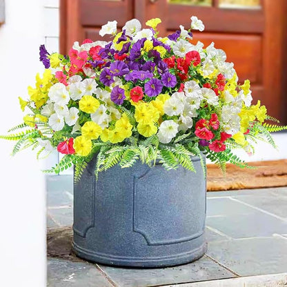 16 Bundles Outdoor Artificial Fake Flowers UV Resistant No Fade Plastic Faux Morning Glory Silk Flowers Plants for Home Garden Porch Patio Window Box Hanging Décor (Mix White Purple Fuchsia Yellow)