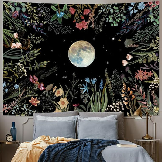 Amhokhui Moonlit Garden Tapestry Boho Moon Tapestry Floral Flower Tapestries Colorful Plants Tapestries Black Wall Hanging Decor for Home