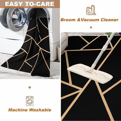Nordic Black Gold Geometric Texture Area Rug, Abstract Golden Irregular Line Art Indoor Non-Slip Kids Rugs, Machine Washable Breathable Durable Carpet for Front Entrance Floor Decor,2 x 3ft
