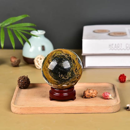 JIC Gem Pietersite Quartz Crystal Sphere,Decorative Crystal Ball Blues and Golden Browns Gemstone Sphere for Meditation,Office Table Decorations 90-100mm