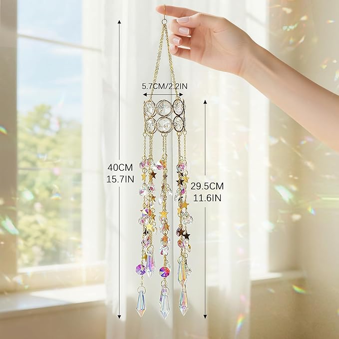 H&D HYALINE & DORA 15.5 Inch Crystal Suncatcher Hanging Window Sun Catcher with Colorful Beads Chain Gold-Plated Rainbow Maker for Indoor Outdoor Garden Christmas Decoration