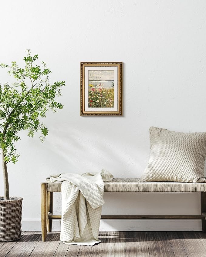 InSimSea Gold Framed Canvas Wall Art Room Decor Vintage Wildflower Field Landscape Decor Classical Floral Oil Painting Canvas Prints Coastal Flower Wall Decor for Living Room Bathroom Bedroom 11x14in