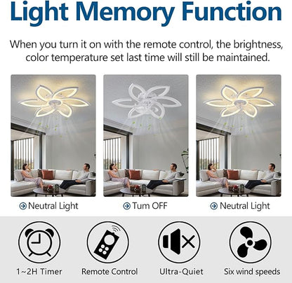 Ceiling Fan with Lights Remote Control, White Flower Ceiling Fan with Light, 3 Light Color Modern Low Profile Flush Mount Ceiling Fan for Kitchen Bedroom Living Room