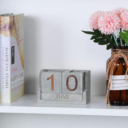 Wooden Desk Calendar,Desk Calendar Blocks for Teachers,Office Perpetual Date Block Small Home Desktop Decor Chic Vintage Month with Number Cubes Display Rustic Decoration(Vintage Grey)