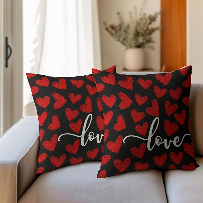 Valentines Day Pillow Covers 22x22 Set of 2 Black Heart Throw Pillow Covers Love Pillowcase Linen Decoration Farmhouse Holiday Cozy Soft Cushion Case Couch for Indoor Outdoor Home Decor