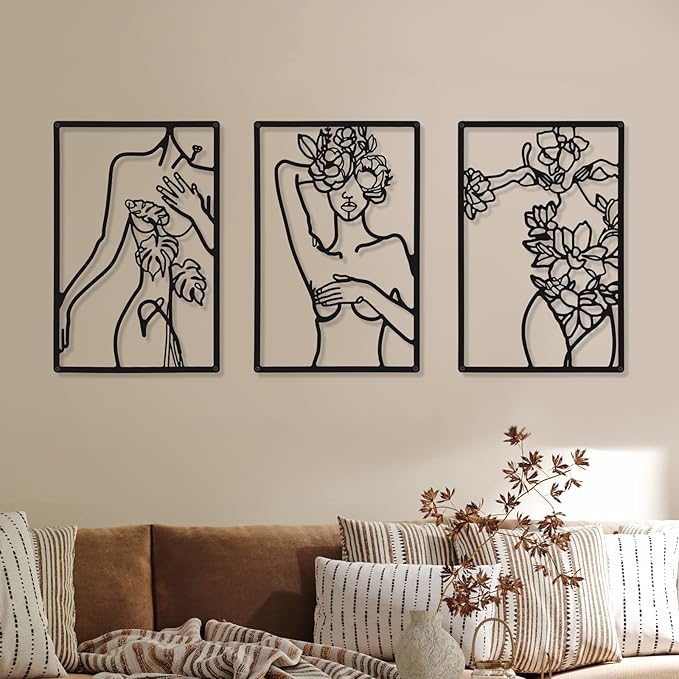 CHENGU 3 Pieces Metal Minimalist Abstract Woman Wall Art Line Drawing Wall Art Decor Single Line Female Home Hanging for Kitchen Bathroom Living Room