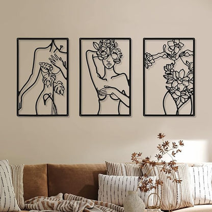 CHENGU 3 Pieces Metal Minimalist Abstract Woman Wall Art Line Drawing Wall Art Decor Single Line Female Home Hanging for Kitchen Bathroom Living Room