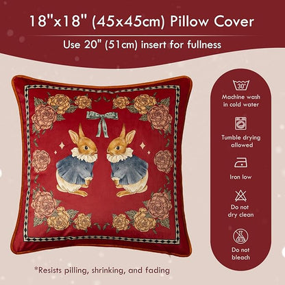 Easter Bunny Floral Red Pillow Cover Decorations, Velvet Euro Sham Covers Decorative Throw Pillow Covers 18x18 for Couch Sofa Bed Home Decor
