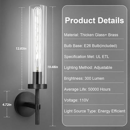 Black Wall Sconces Set of Two with White Light, 19.48'' Brushed Brass Knurled Bathroom Sconces Wall Lighting Vanity Light with Clear Glass for Living Room Mirror Bedroom Stairs