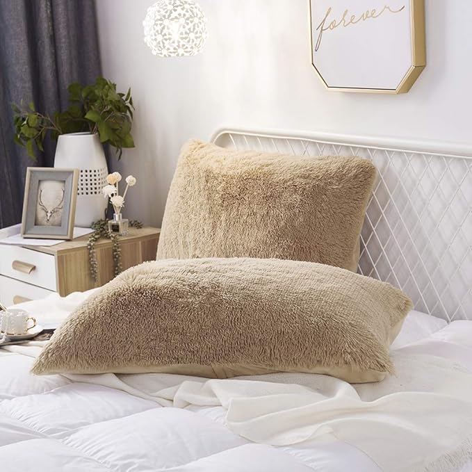 Uhamho Set of 2 Standard Pillowcases Faux Fur Throw Pillow Covers Queen Size Shams Soft Velvet Decorative Zipper Closure (Camel, 20"x26")