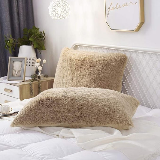 Uhamho Set of 2 Standard Pillowcases Faux Fur Throw Pillow Covers Queen Size Shams Soft Velvet Decorative Zipper Closure (Camel, 20"x26")