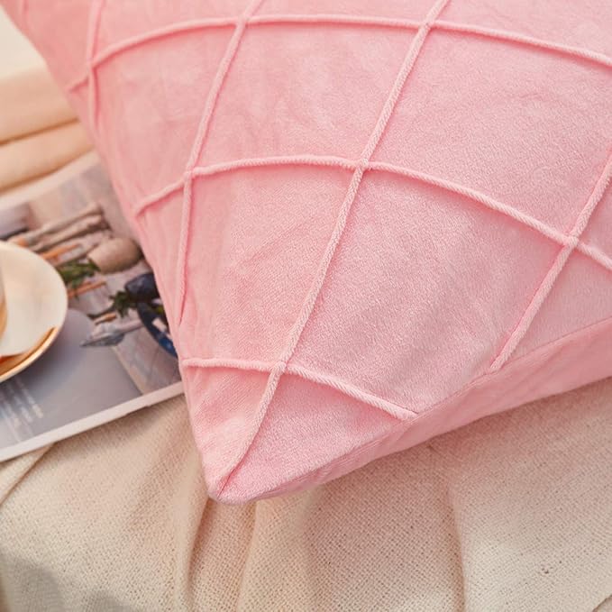 JAUXIO Diamond Pinch Pleated Crystal Velvet Pillowcases 2 Pack Solid Pintuck Throw Cushion Cover for Home Decor Hidden Zipper Closure (Pink, Standard)