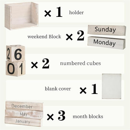 Rustic Wooden Perpetual Block Calendar Daily Desk Calendar for Coffee Table Decor Teachers Students Classroom Office Accessories Farmhouse Entryway Bookshelf Decoration