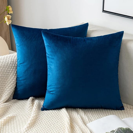 EMEMA Pack of 2 Velvet Throw Pillow Covers Decorative Square Pillowcase Soft Solid Cushion Case for Sofa Bedroom Chair Car 24x24 Inch Dark Blue