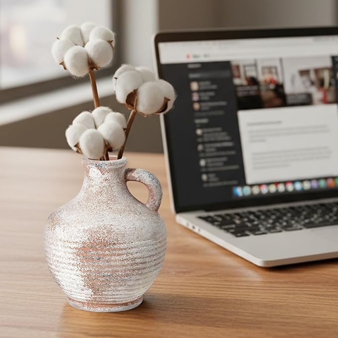 Sunddo 6 inch Rustic Ceramic Flowers Vase, Terracotta Pottery Small Vase with Handle, Farmhouse Decor,Table, Living Room, Bathroom, Shelf, Mantel Decor Brown