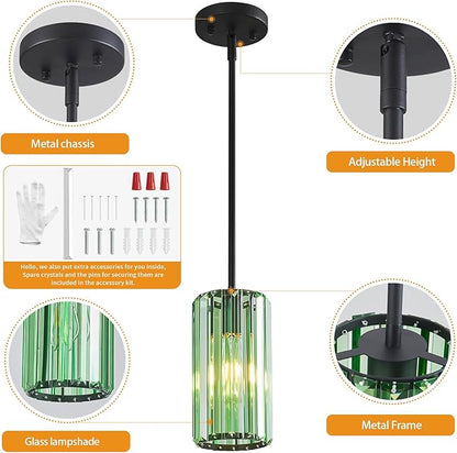 Modern Crystal Pendant Light Mini Light Green Chandeliers Adjustable Pendant Lights Fixture for Kitchen Island Dinning Room Corridor Bedroom(Light Green 2-Pack)