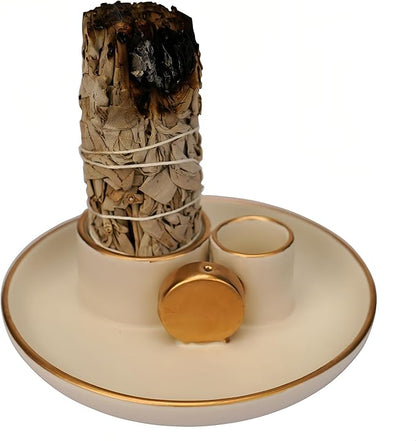 4 in 1 Incense Holder, Ceramic Incense Stick and Palo Santo Holder,Sage Holder for Burning- 4.25" Ceramic Ash Catcher Tray for Meditation and Yoga Room (White Golden)