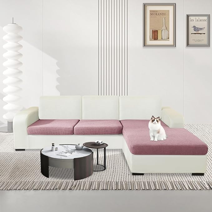 MAXIJIN Waterproof 3 Pieces Couch Cushion Covers for Sectional Sofa Seat Slipcover Stretch Sectional Couch Cover for L Shape Left/Right Chaise with Elastic Bottom (2 Seater + 1 Chaise, Dusty Pink)