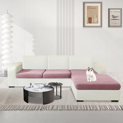 MAXIJIN Waterproof 3 Pieces Couch Cushion Covers for Sectional Sofa Seat Slipcover Stretch Sectional Couch Cover for L Shape Left/Right Chaise with Elastic Bottom (2 Seater + 1 Chaise, Dusty Pink)