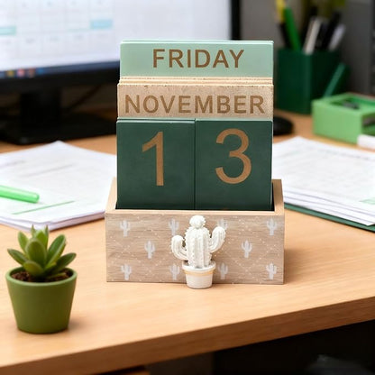 Fresh Cactus Decorated Wooden Calendar (Approximately 4.49 * 2.48 * 5.3 inches) Retro Block Shaped Calendar Desktop Decoration, Suitable for Various Scenarios such as Home and Office Holiday Gifts(Green)