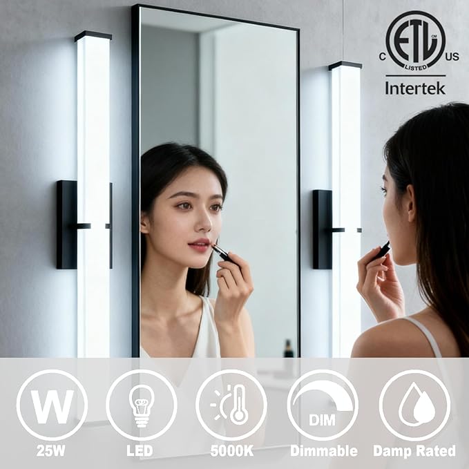 Bathroom Lighting Fixtures Over Mirror: ETL Certified 24 Inch Modern LED Vanity Lights 5000K Cool White - Vanity Light Bar 2500LM with Clear Shade - Black Bathroom Light Fixtures Dimmable