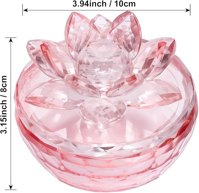 Crystal Jewelry Box, Small Glass Trinket Jar with Lid, Clear Lotus Flower Storage Holder for Women, Elegant Organizer Dish for Ring, Earrings, Necklace, Gift (Full pink)