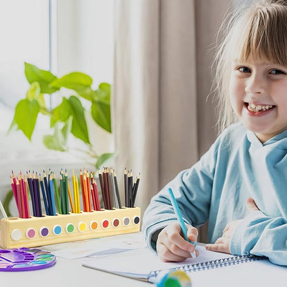 11-Hole Wooden Colored Pencil Organizer - Solid Montessori Storage Holder for Kids, Students, Artists & Teachers