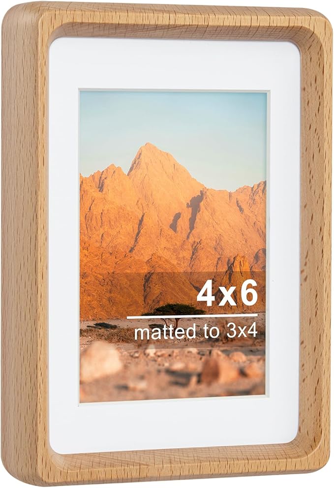 TEYCLZORE 4x6 Natural Wood Picture Frame, Handmade Beech Wood Photo Frame, Display 3x4 Picture with Mat or 4x6 Without Mat, Tabletop Display and Wall Hanging