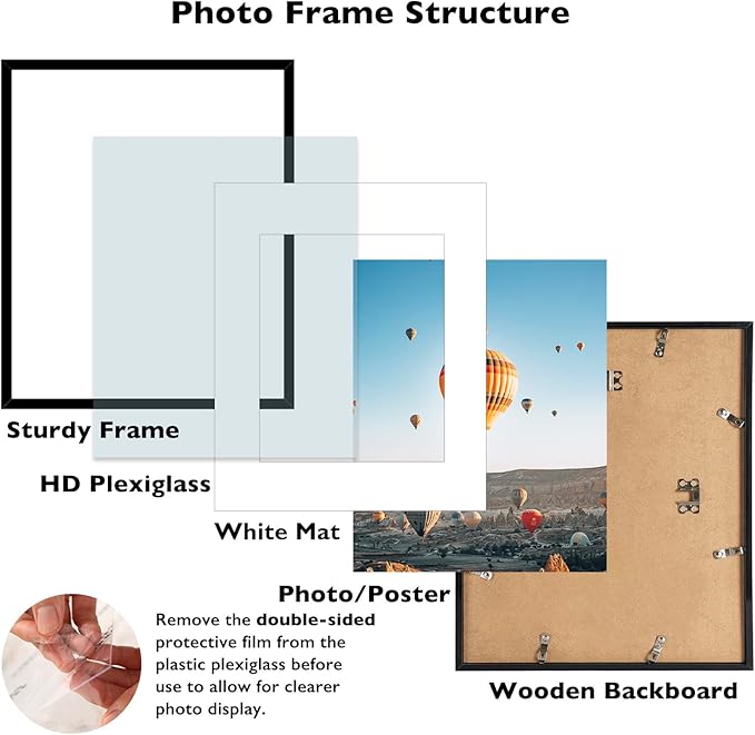16x20 Picture Frame Set of 2 with 11x14 Mat, Display Photo 11x14 with Mat or 16 x 20 Without Mat, Wall Hanging Large 16 by 20 Poster Frame with Plexiglass, 2 Pack, Black