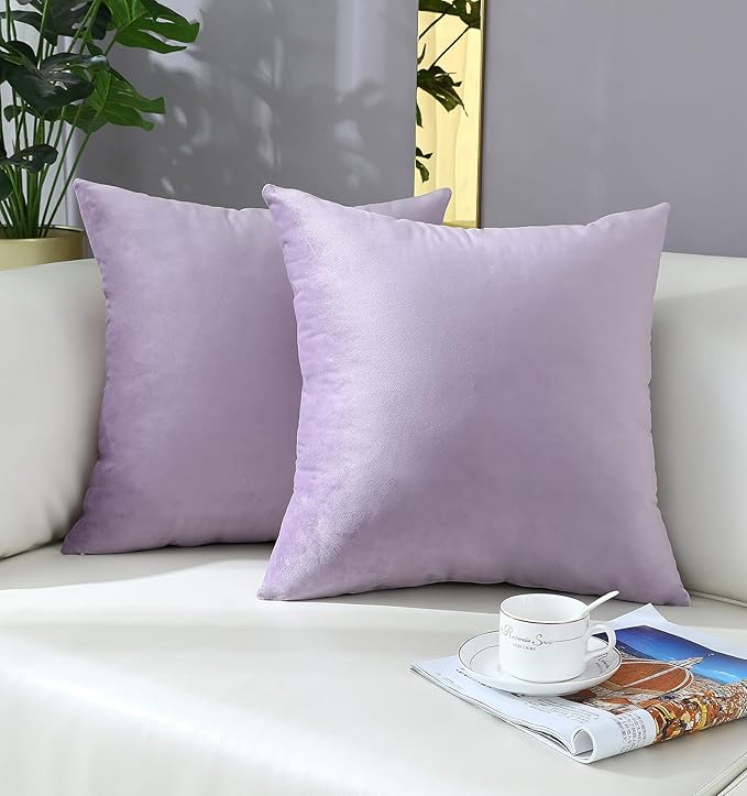 mixeoo Comfy Lavender Throw Pillow Covers Decorative Square Solid Thick Velvet Super Soft Cushion Cases Home Decor for Sofa Couch Living Room Chair, Set of 2, 20 x 20 Inch