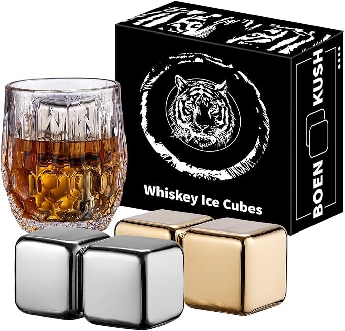 4 Large Whiskey Stones 64 cm³ (4 cu in) - Man Gift Set - Reusable Stainless Steel Metal Ice Sphere Cubes Beverage Chilling Rocks Whiskey Stones for Red Wine, Bar Beer, Scotch - Gold and Silver
