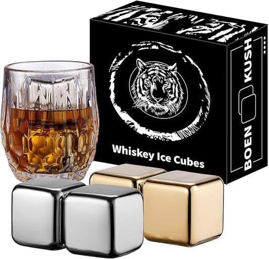 4 Large Whiskey Stones 64 cm³ (4 cu in) - Man Gift Set - Reusable Stainless Steel Metal Ice Sphere Cubes Beverage Chilling Rocks Whiskey Stones for Red Wine, Bar Beer, Scotch - Gold and Silver