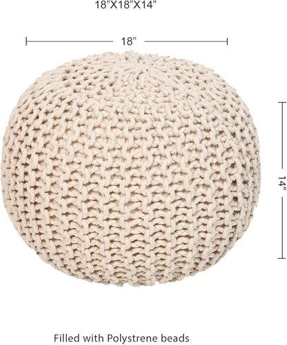 REDEARTH · Round Pouf Ottoman - Hand Knitted Cable Boho Poof Home Décor Pouffe Circular Footrest for Living Room - Nursery - Bedroom - Lounge 100% Cotton (18”x18”x14”) - Ivory, Set of 2