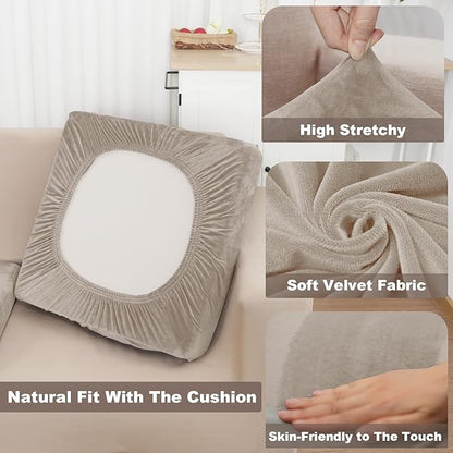 NAISI Sectional Couch Covers 8 Pieces Velvet Couch Cushion Covers L Shape Soft Stretch Sofa Slipcovers with 2pcs Pillowcases for Left/Right Chaise Sectional Couch(3 Seater+1 Chaise+4 Back,Taupe)