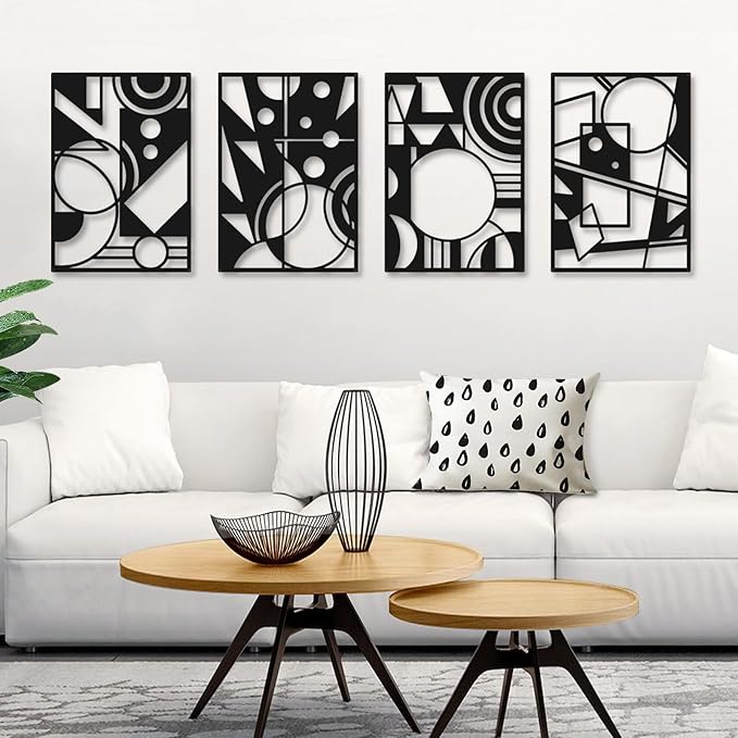 Bakovity Black Abstract Wall Art, Metal Art Wall Decor, Large Geometry Art, Modern 3D Abstract Wall Sculptures for Bedroom Bathroom Living Room (4 Pack, 22.5 x 16 in)