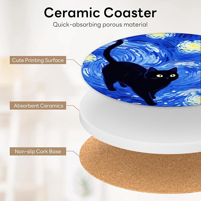 6-Piece Ceramic Coaster Set with Tray Diameter: 3.94 in Thickened Absorbent Material Heat-Resistant and Water-Absorbent Coaster Set Suitable for All Types of Cups， Van Gogh Cats