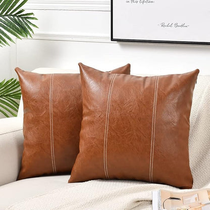 Fancy Homi 2 Packs Brown Faux Leather Decorative Throw Pillow Covers 16x16 Inch for Living Room Couch Bed Sofa, Hand Stitched Accent Square Cushion Case, Rustic Modern Farmhouse Boho Home Decor