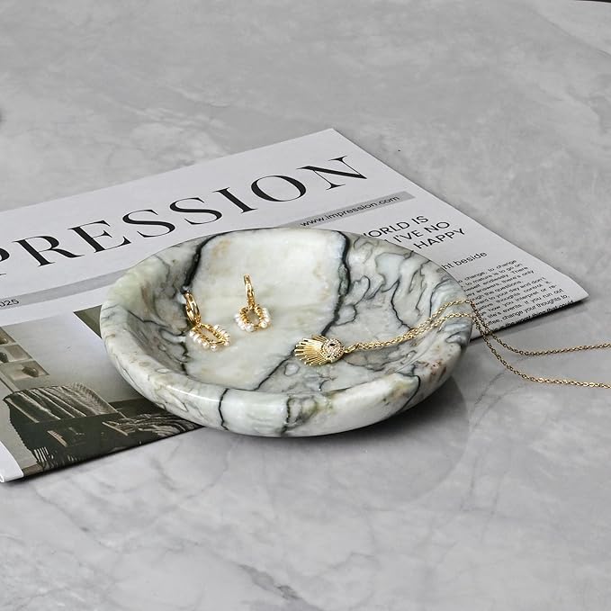 ZSHAWN Natural Cold Emerald Marble Ring Dish Jewelry Tray – 5.5" Trinket Dish for Rings Earrings Necklace, Scratch-Resistant Vanity Organizer, Elegant Gift for Women