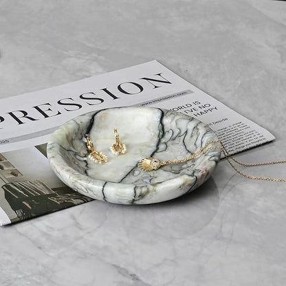 ZSHAWN Natural Cold Emerald Marble Ring Dish Jewelry Tray – 5.5" Trinket Dish for Rings Earrings Necklace, Scratch-Resistant Vanity Organizer, Elegant Gift for Women