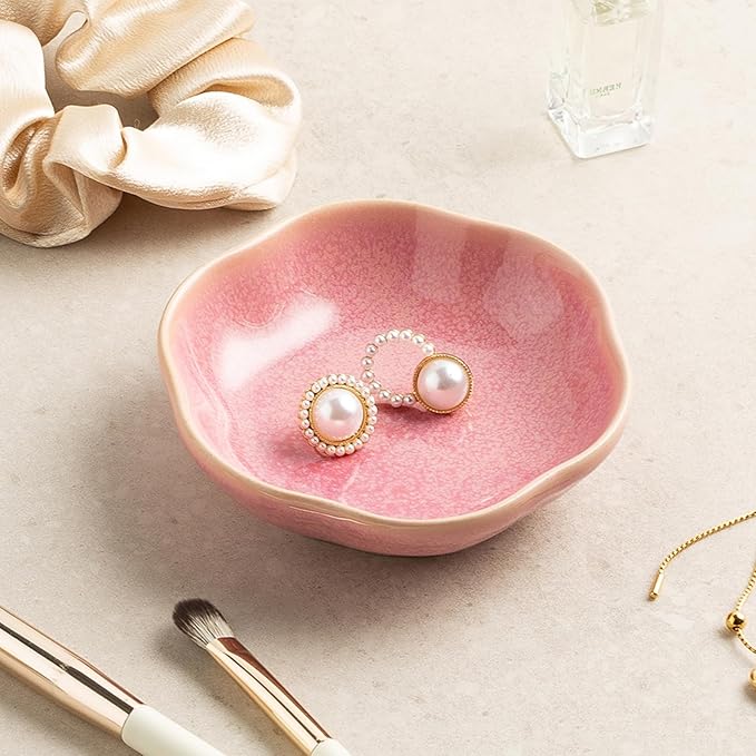 Ceramic Jewelry Tray Ring Holder Dish Floral Trinket Bowl for Women Girls Jewelry Organizer for Vanity Dresser Decor Wedding Birthday Gift for Her (pink)