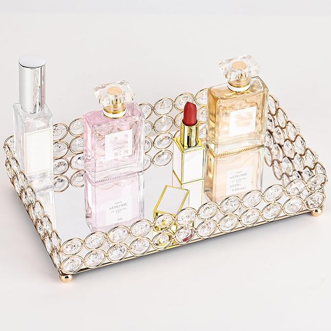 Elegant Gold Crystal Mirror Perfume Tray for Vanity, Coffee Table, and Home Decor - Small Glass Tray for Jewelry, Perfume, and Decorative Items - Bandeja para Perfumes, Perfume Trays for Dresser