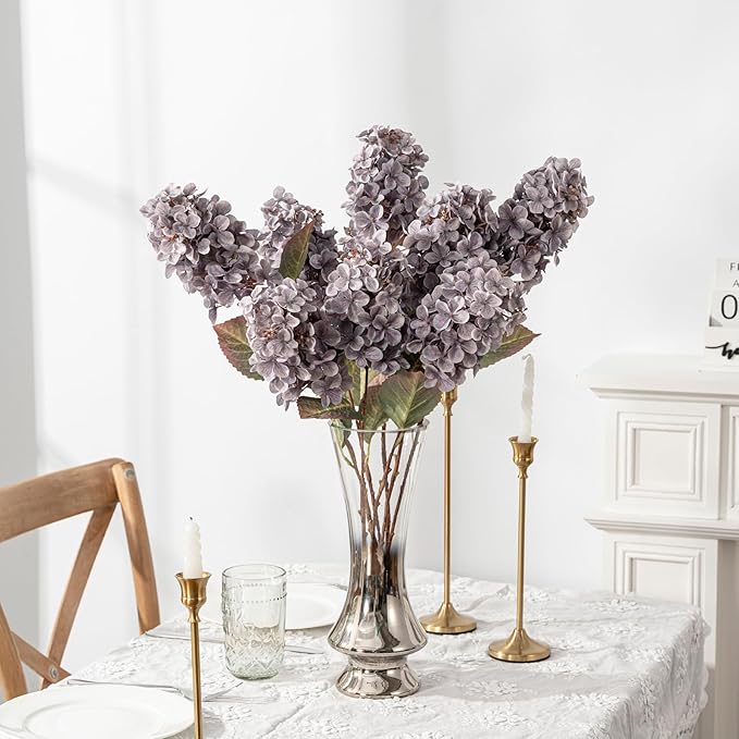 Fake Flowers Hydrangea Silk Flowers with Stems, Fake Grayish Hydrangea Artificial Flowers Winter Flowers Artificial for Decoration Vase Decor 24"（Grayish Purple ） 8PCS Wthout Vase