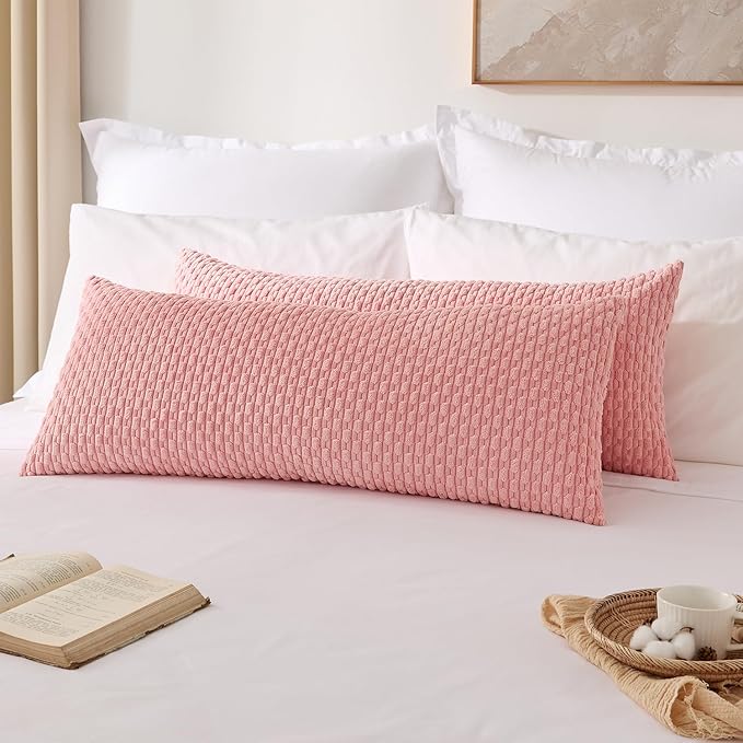 Kevin Textile 14x36 Inch Long Lumbar 1 Pack Boho Decorative Throw Pillow Cover Soft Striped Corduroy Rectangle Cushion Case Farmhouse Accent for Living Room Couch Sofa Bed, Dark Pink